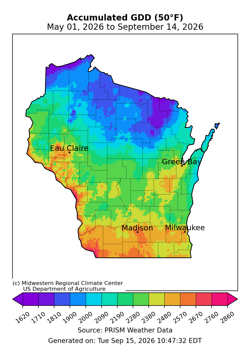 Map of Wisconsin accumulated Growing Degree Days base 50 degrees Fahrenheit, May 1 to September 14, 2026.