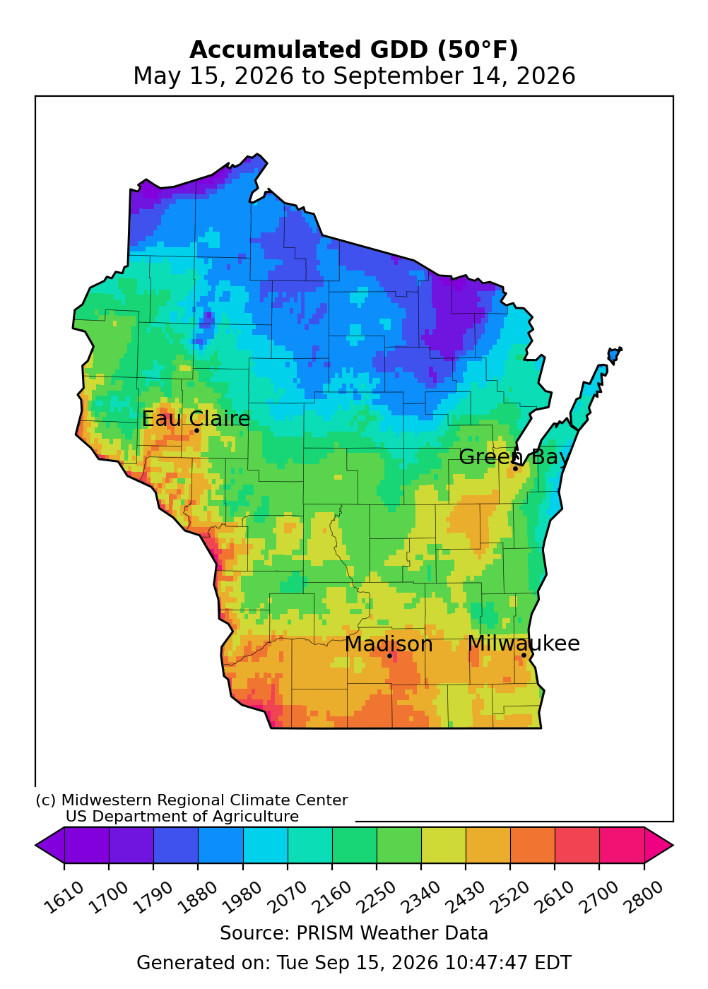  Map of Wisconsin accumulated Growing Degree Days base 50 degrees Fahrenheit, May 15 to September 14, 2026.