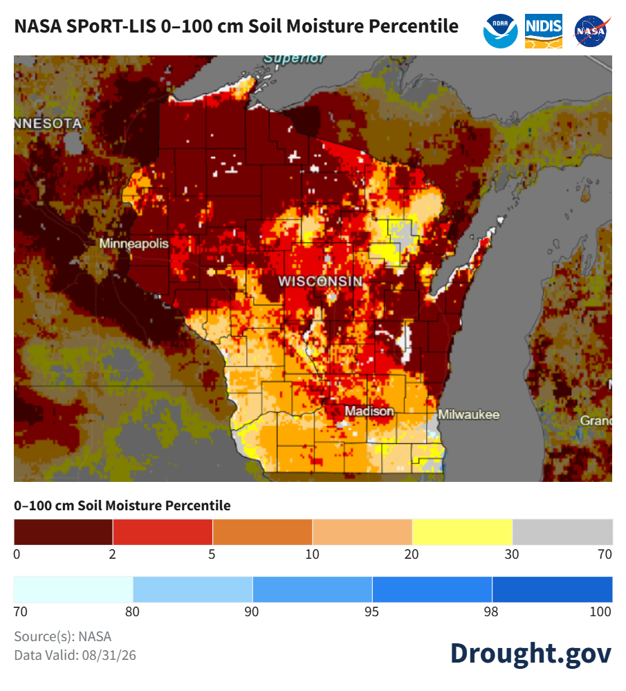NASA map showing Wisconsin soil moisture percentiles for August 31, 2026, with prevalent low moisture percentiles statewide.