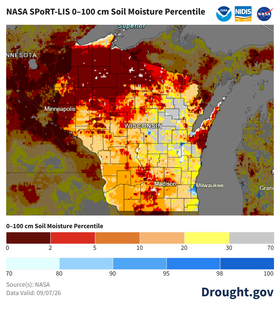 Map of Wisconsin showing NASA SPoRT-LIS 0–100 cm soil moisture percentiles valid September 7, 2026.