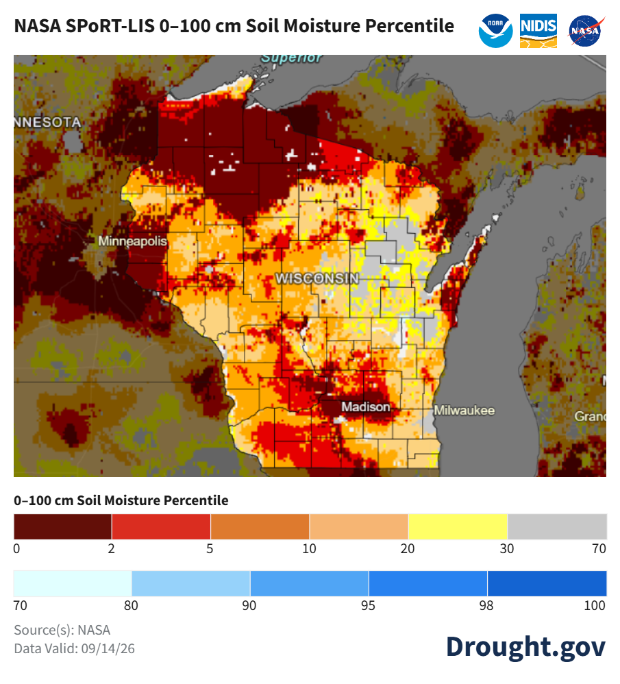 Map of Wisconsin displaying NASA SPoRT-LIS 0–100 cm soil moisture percentiles valid September 14, 2026.