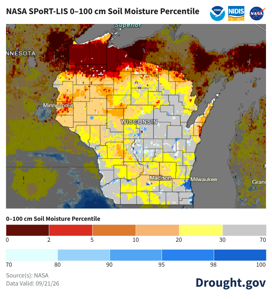Map of Wisconsin soil moisture percentiles at 0-100 cm depth valid September 21, 2026.