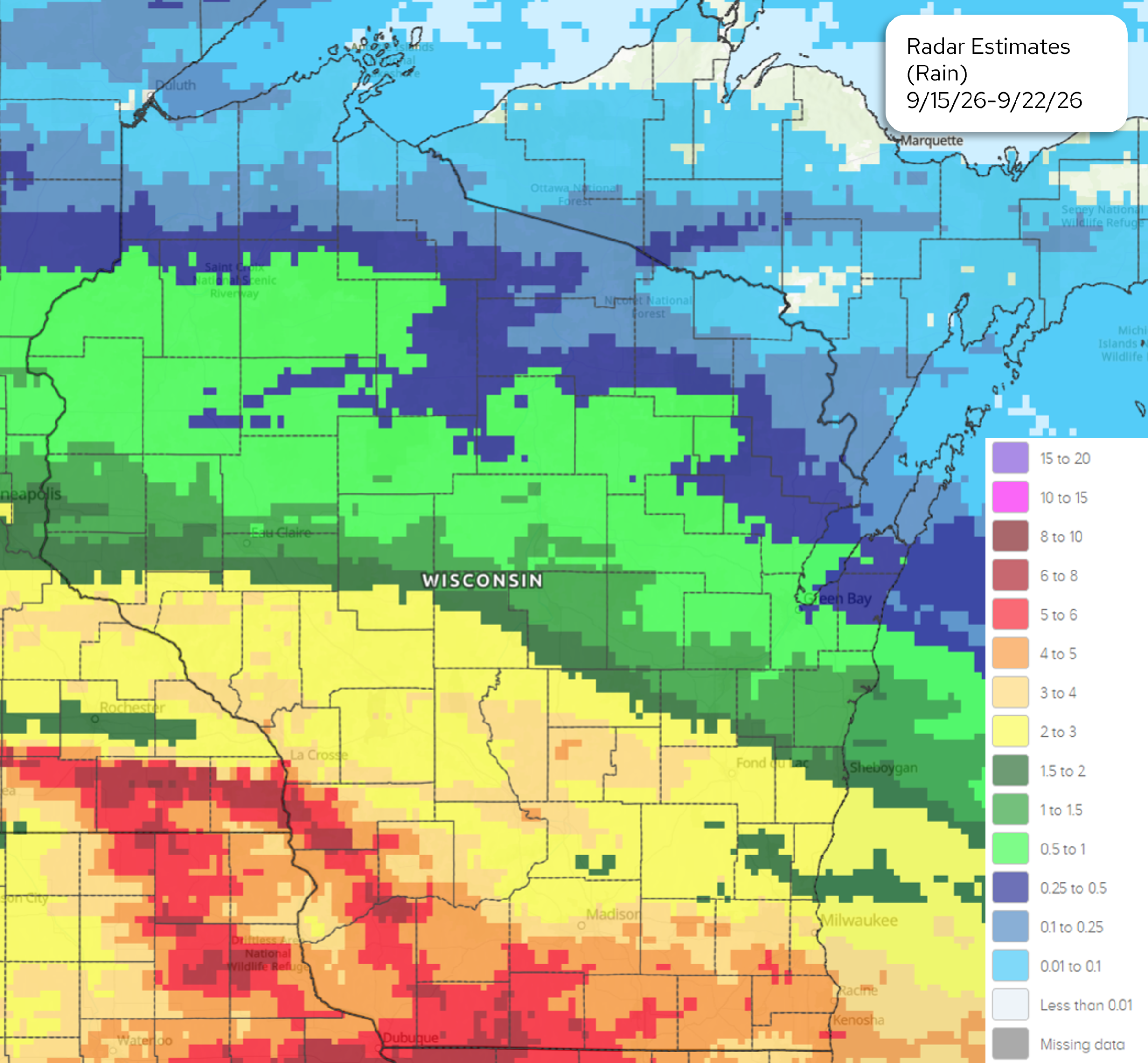 Regional radar map showing 7-day estimated rainfall totals for Wisconsin, September 15 to September 22, 2026.