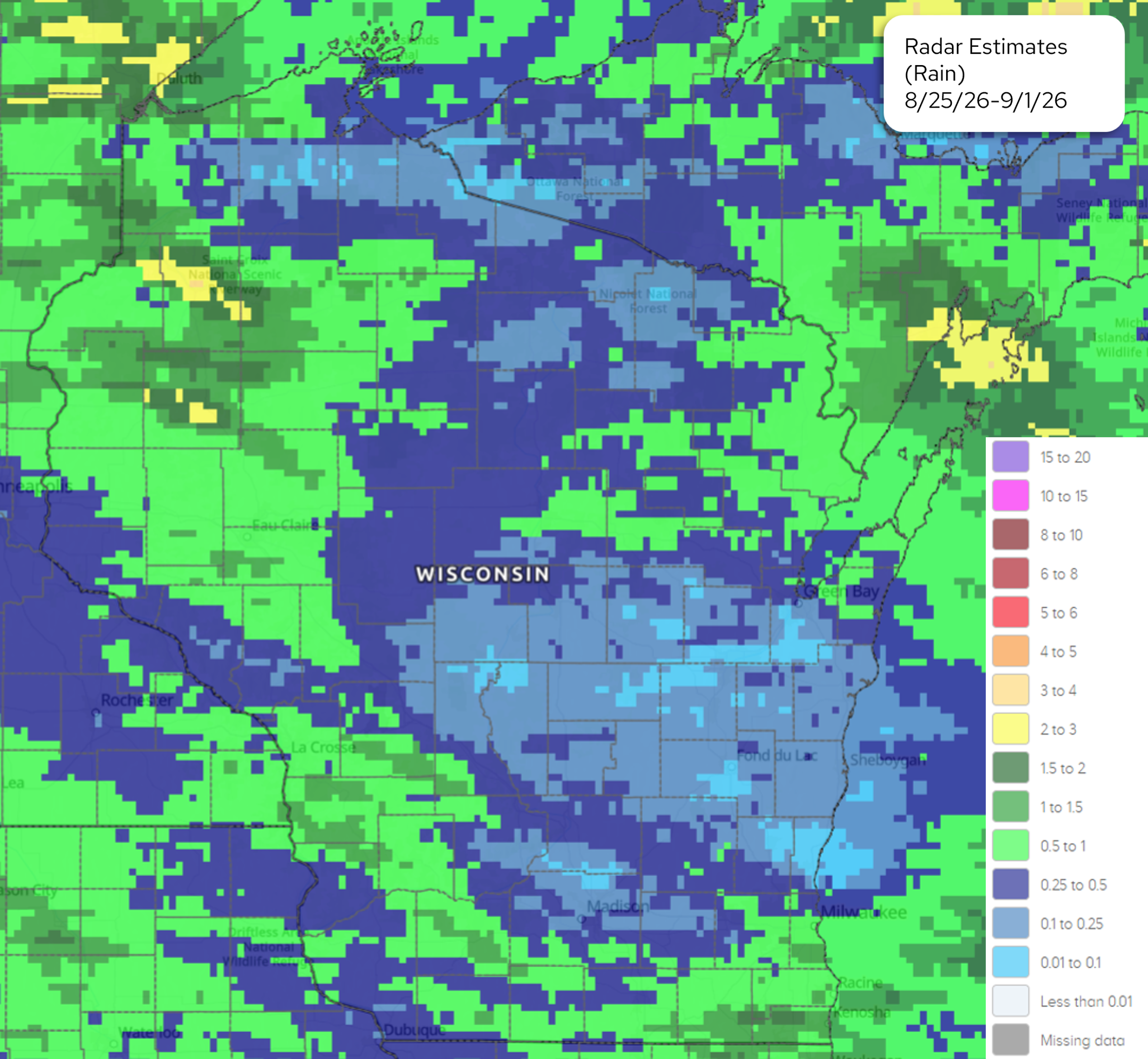 Radar estimated rainfall map over Wisconsin for the week of August 25 to September 1, 2026.