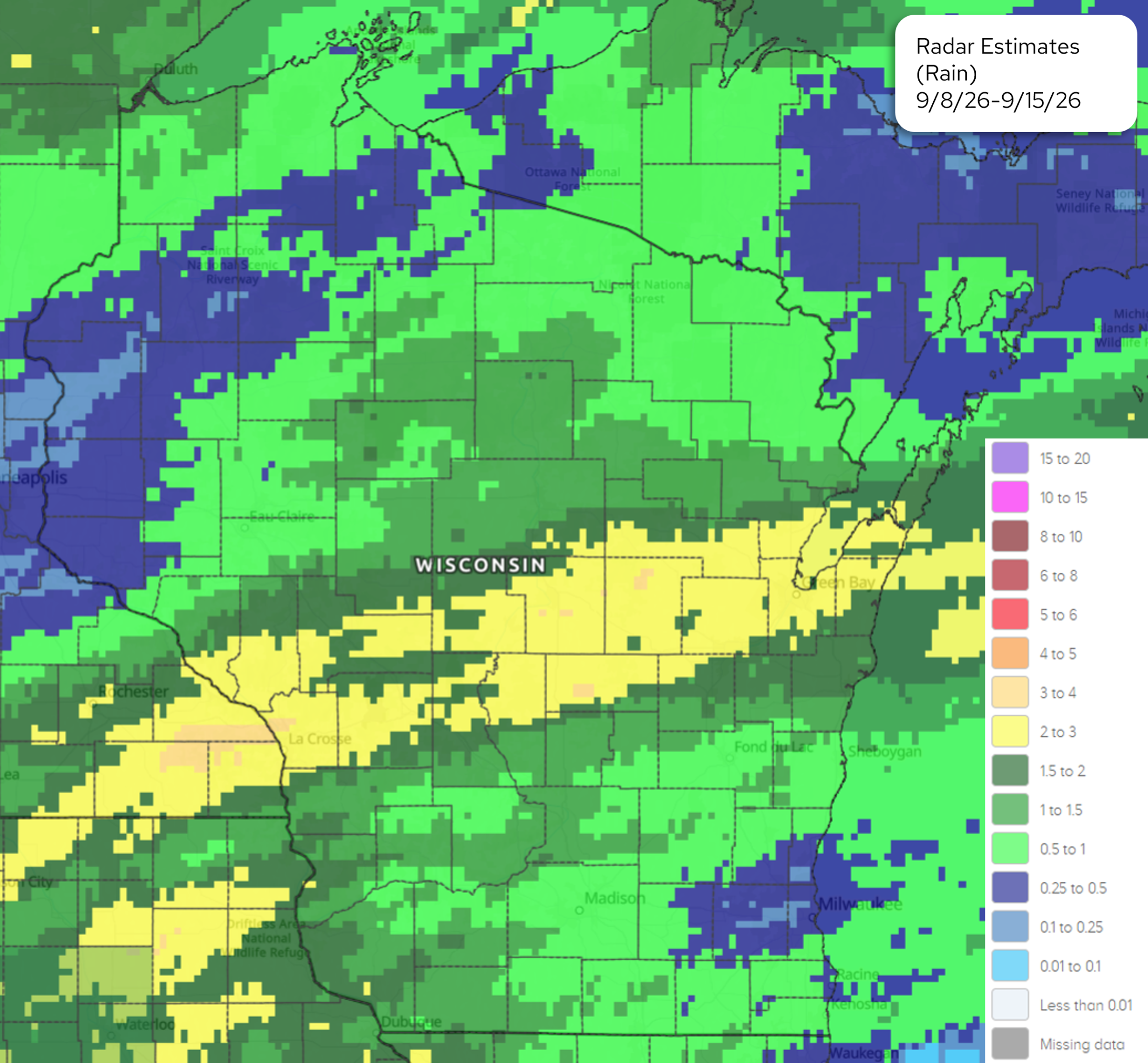 NOAA radar-estimated 7-day total rainfall map for Wisconsin and surrounding areas from September 8 to September 15, 2026.