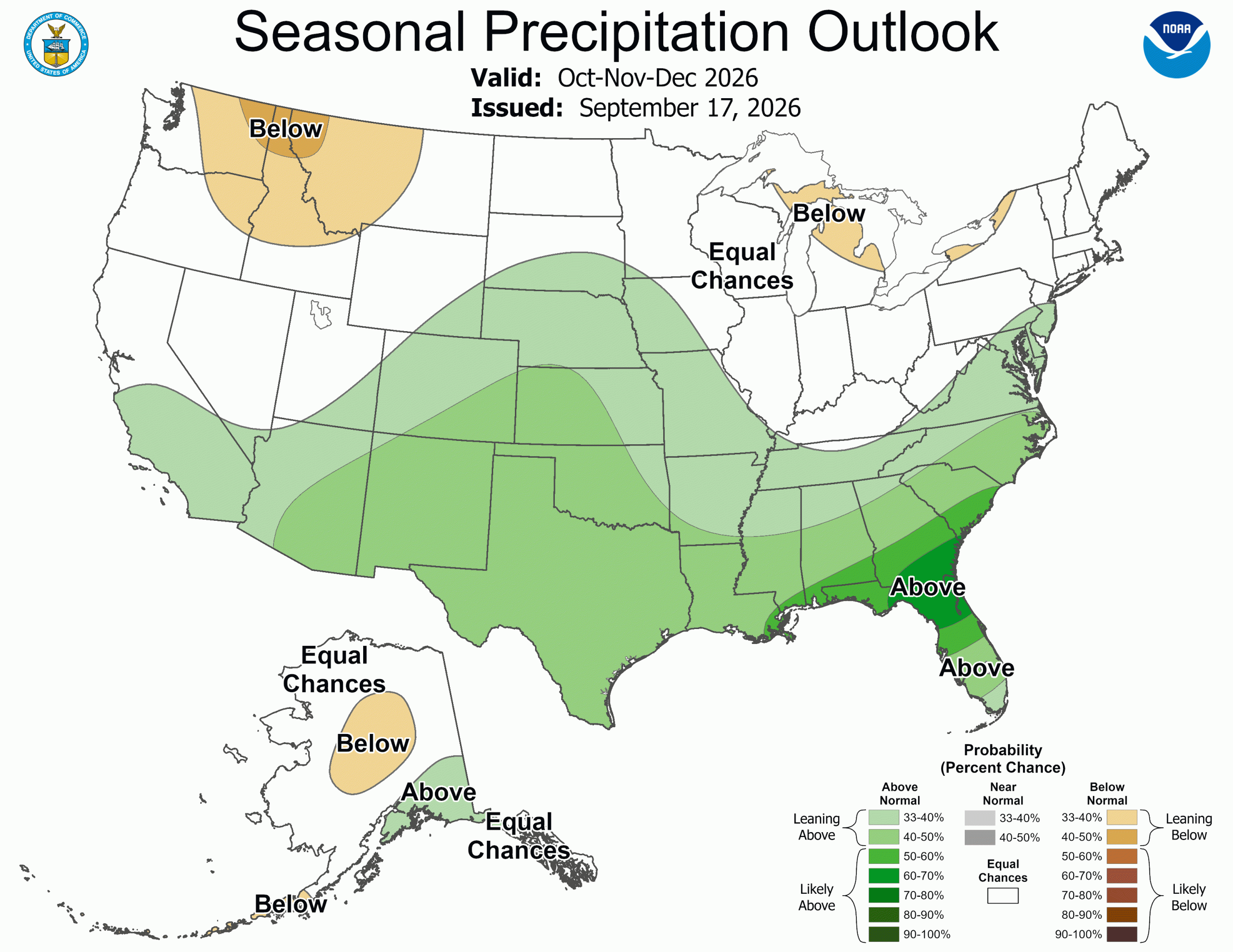NOAA Seasonal Precipitation Outlook map for the US valid October through December 2026.