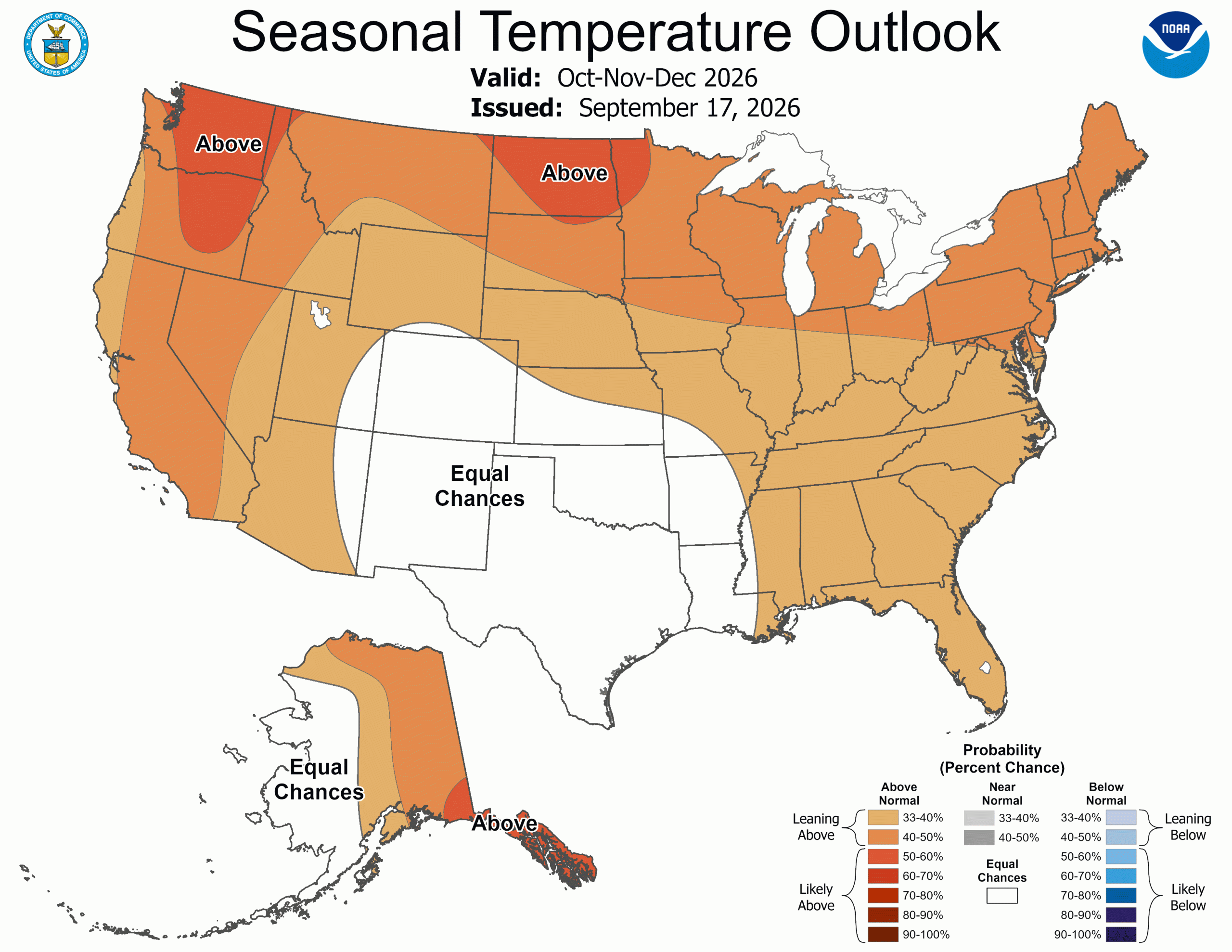 NOAA Seasonal Temperature Outlook map for the US valid October through December 2026.