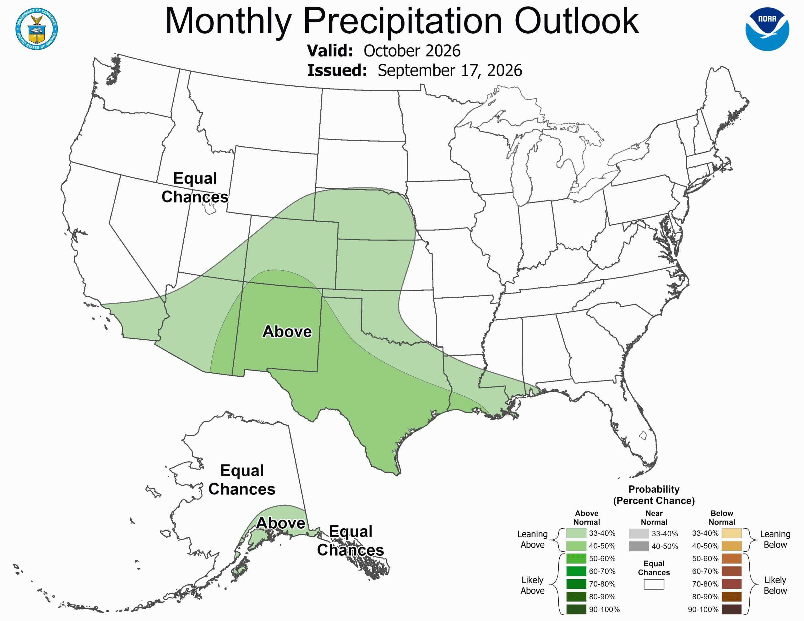NOAA Monthly Precipitation Outlook map for the US valid October 2026.