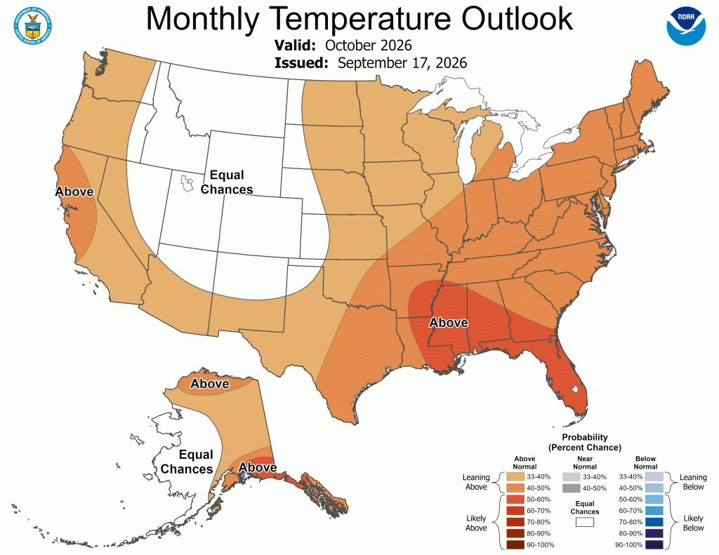 NOAA Monthly Temperature Outlook map for the US valid October 2026. 