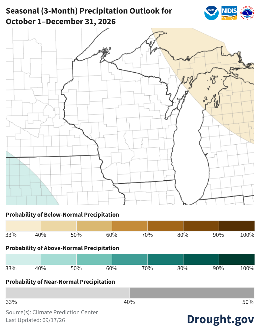 Seasonal 3-month precipitation outlook map for October 1–December 31, 2026, showing equal chances of normal precipitation for Wisconsin.