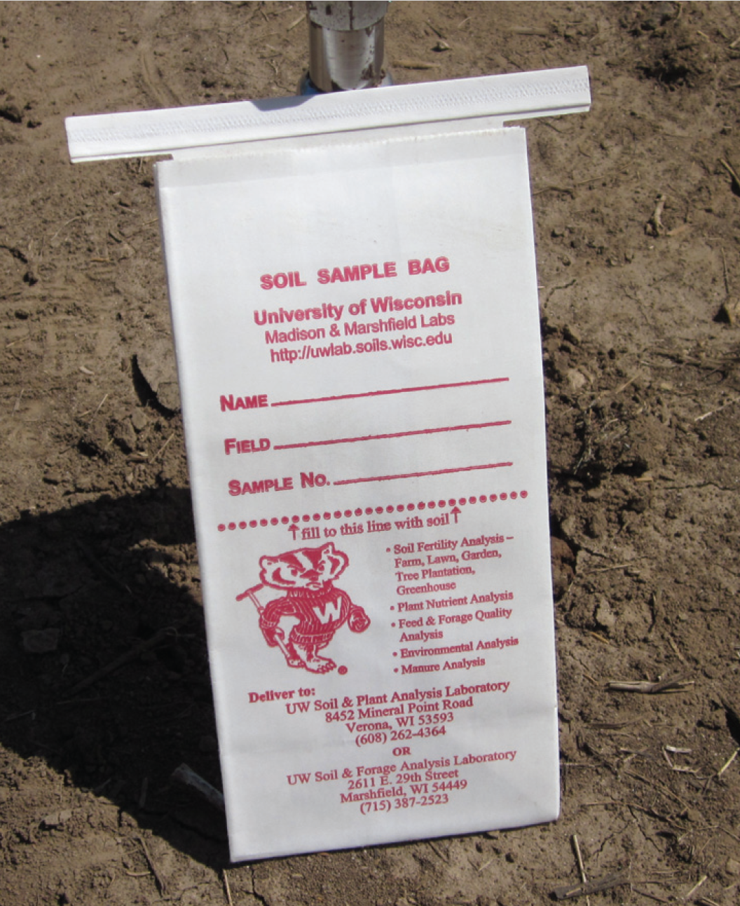 Image of the University of Wisconsin soil sample bag used for submitting composite soil samples to certified laboratories. A hyperlink to a list of certified laboratories can be found in the "What to do with soil samples" section.
