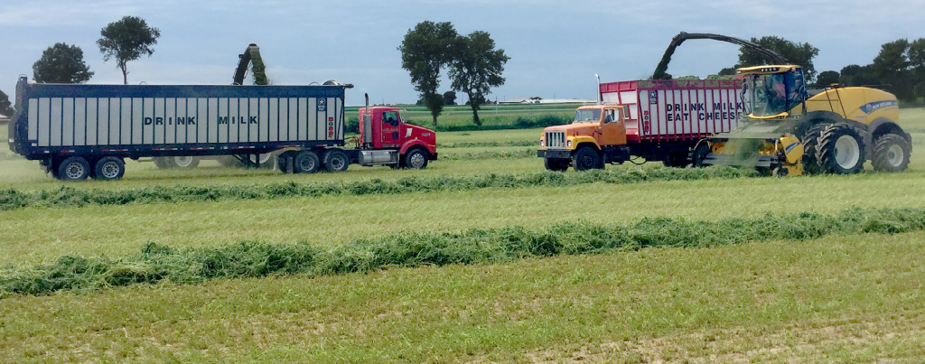 A photo of a semi‑truck and box truck with small, narrow tires next to a tractor with large, wide tires to emphasize the size difference between tires on road vehicles and farm equipment.