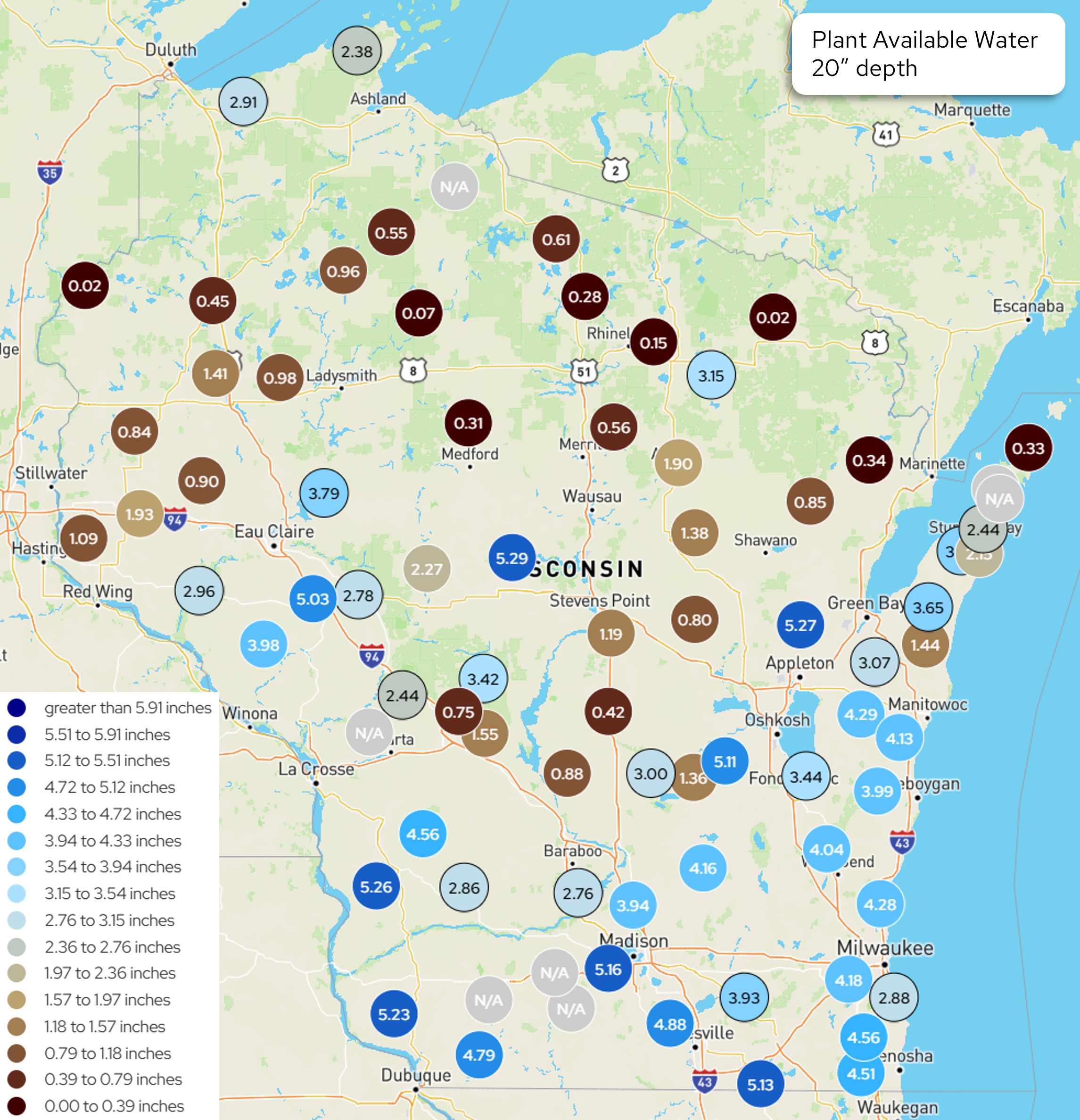 Wisconsin map displaying station measurements of plant available water at 20-inch depth.