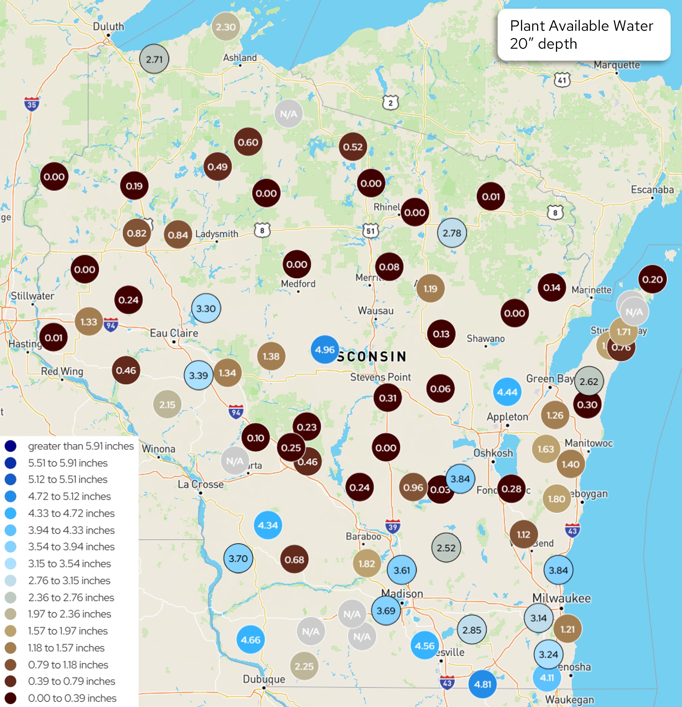Map of Wisconsin showing plant available water at 20-inch depth across monitoring stations.