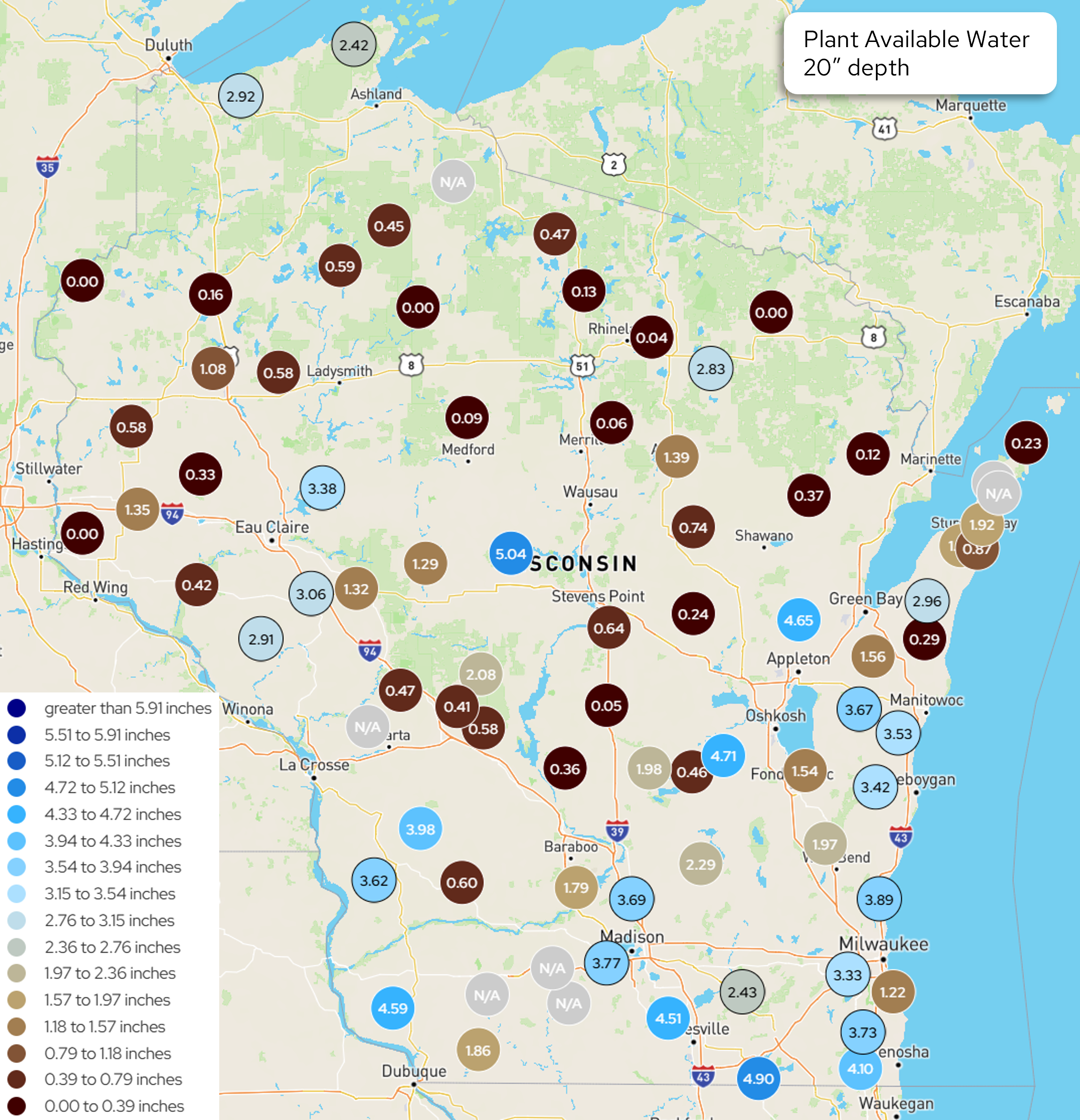 Wisconsin map showing plant available water measurements in inches at 20-inch soil depth across monitoring stations. 