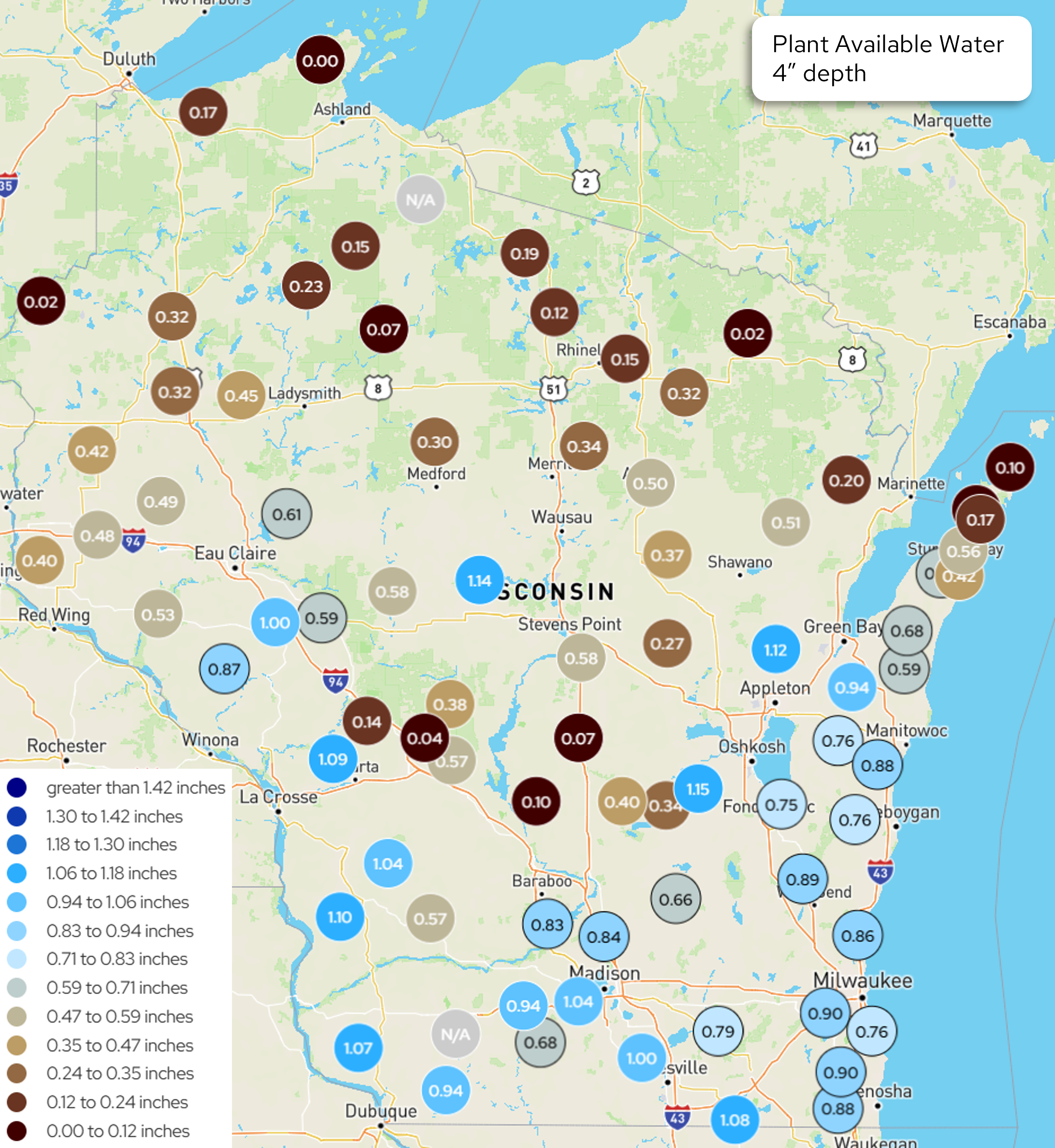Wisconsin map displaying station measurements of plant available water at 4-inch depth.