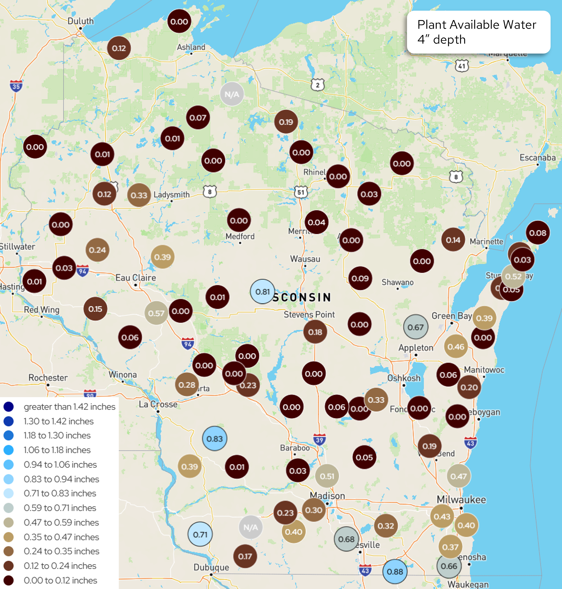 Map of Wisconsin showing plant available water at 4-inch depth across monitoring stations.