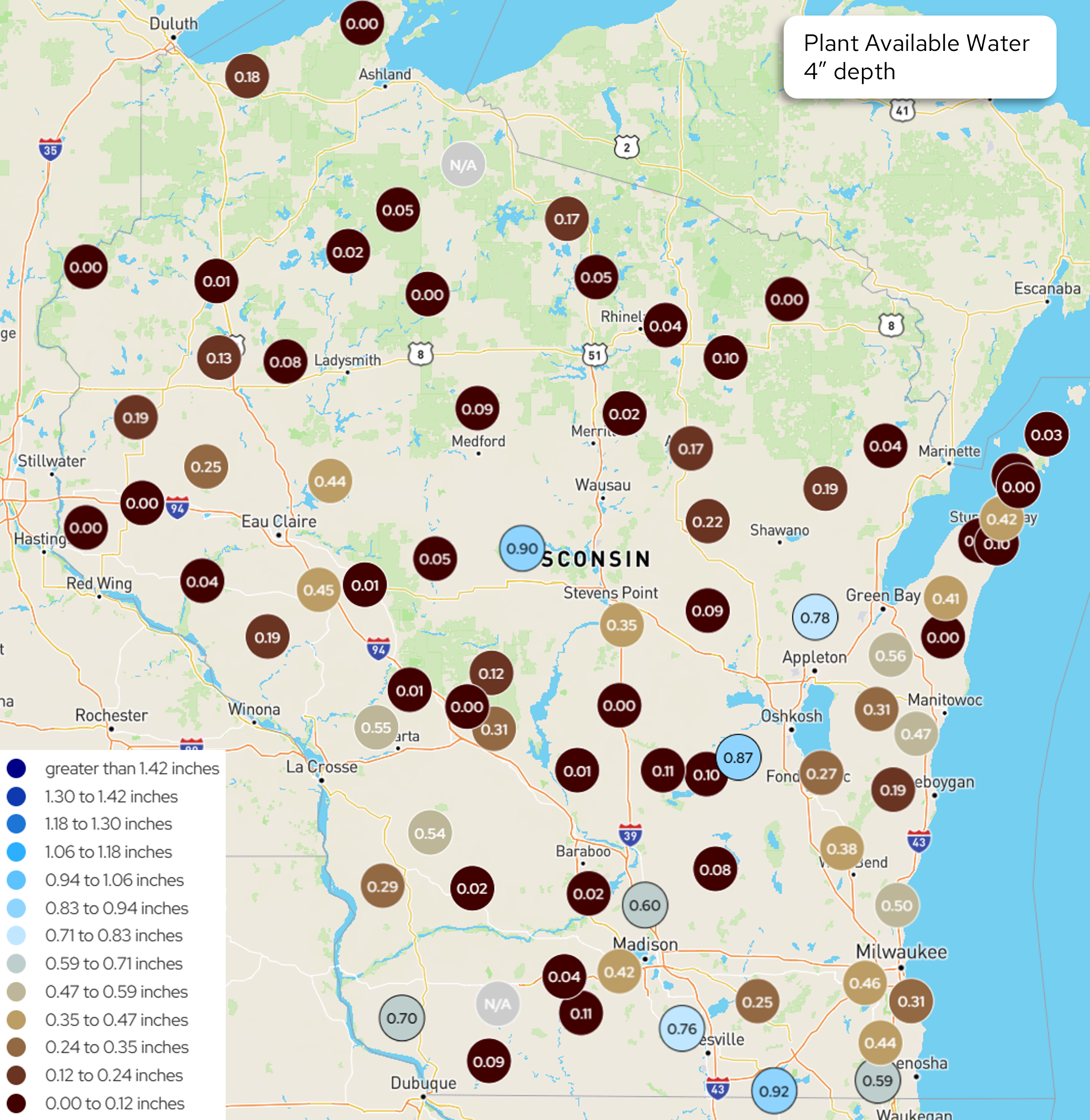 Wisconsin map displaying plant available water readings in inches at 4-inch soil depth across monitoring stations.