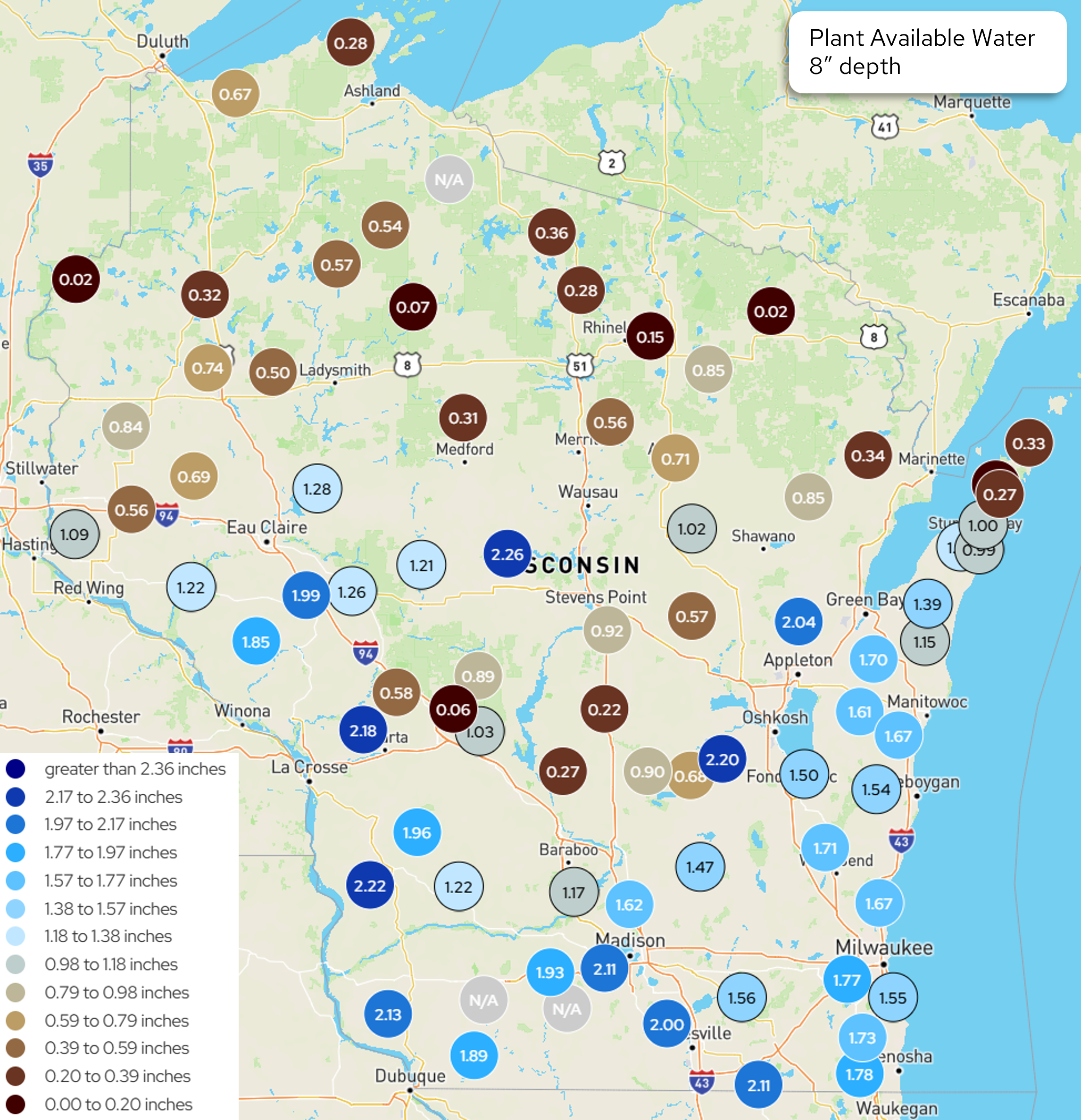 Wisconsin map displaying station measurements of plant available water at 8-inch depth.
