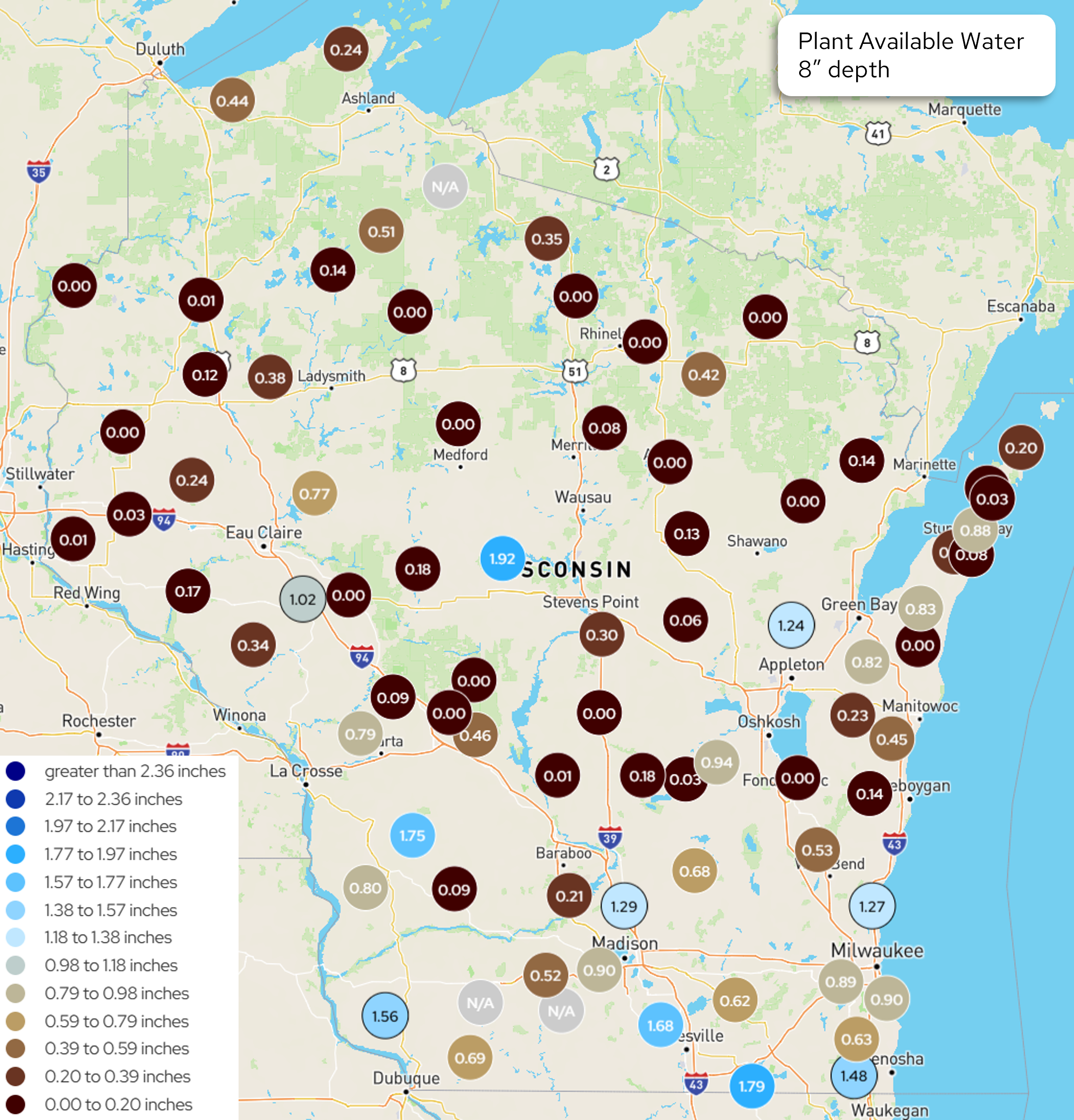 Map of Wisconsin showing plant available water at 8-inch depth across monitoring stations.