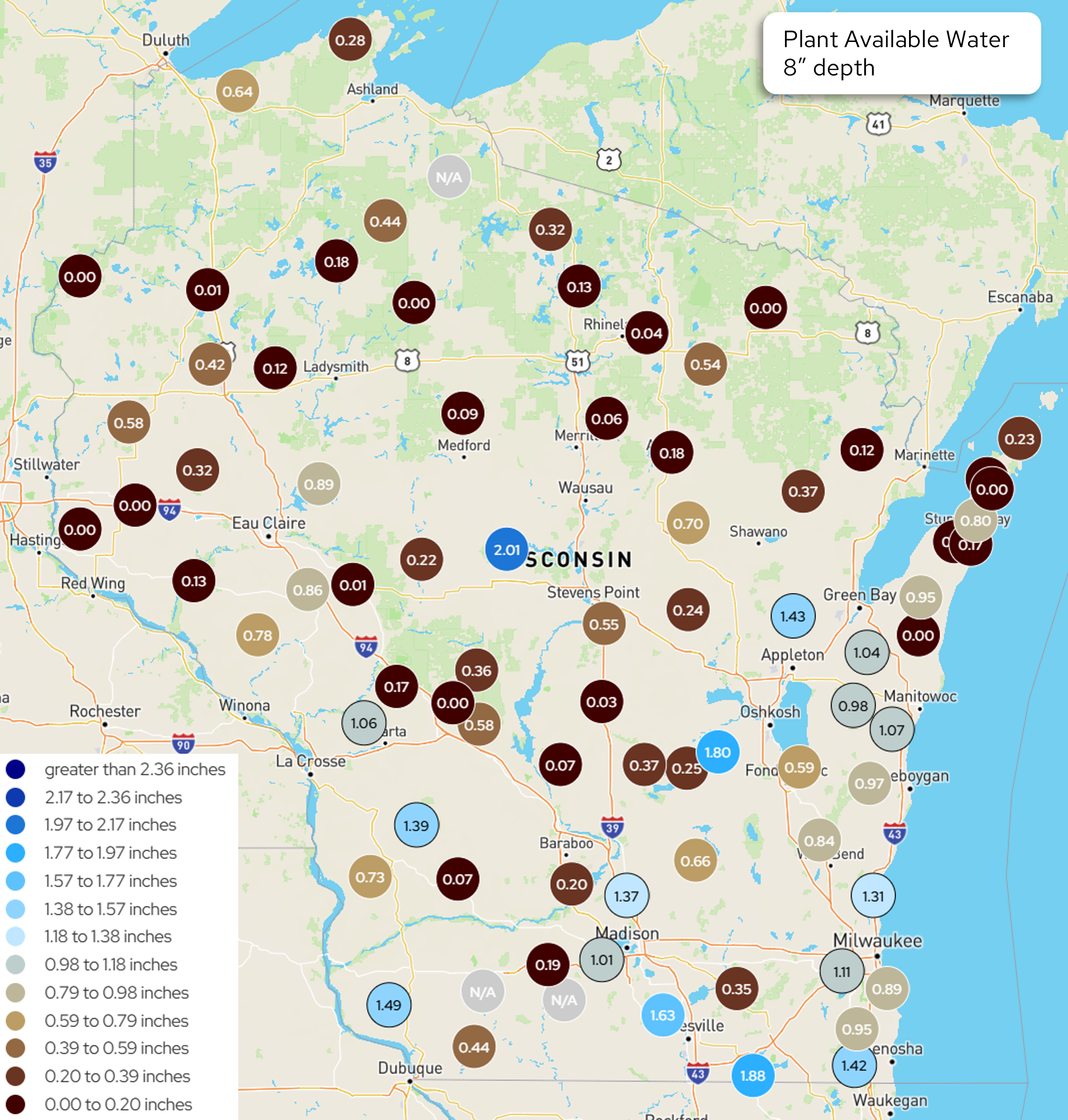 Wisconsin map displaying plant available water measurements in inches at 8-inch soil depth across station network.