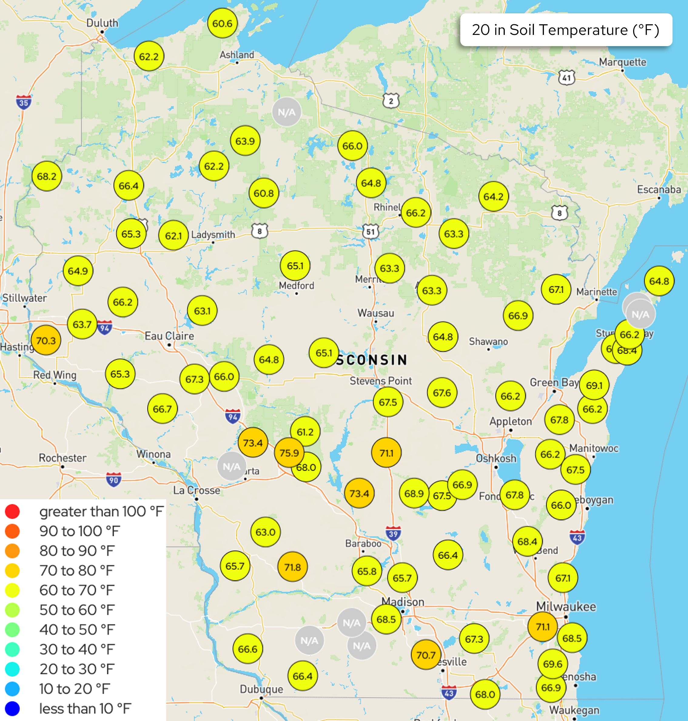 Map of Wisconsin displaying 20-inch soil temperatures in degrees Fahrenheit across state stations.
