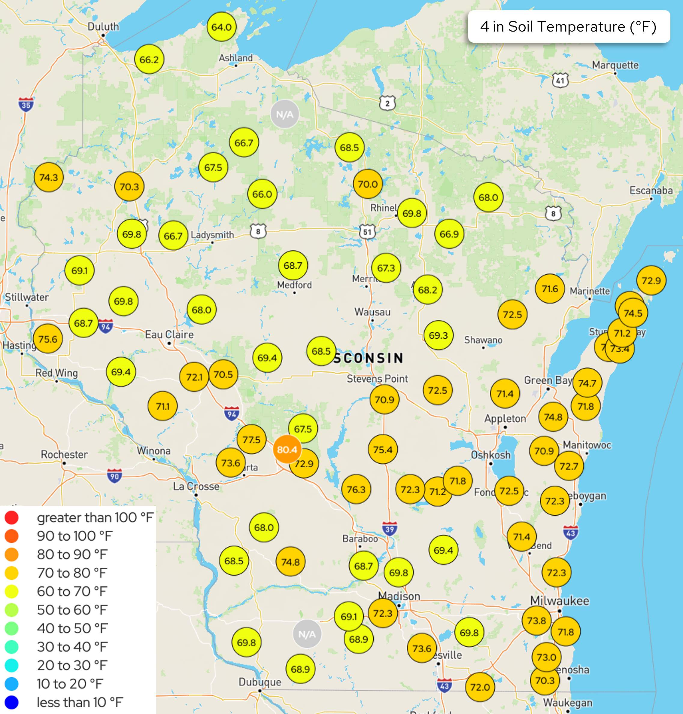 Map of Wisconsin showing 4-inch soil temperature in degrees Fahrenheit across weather stations.