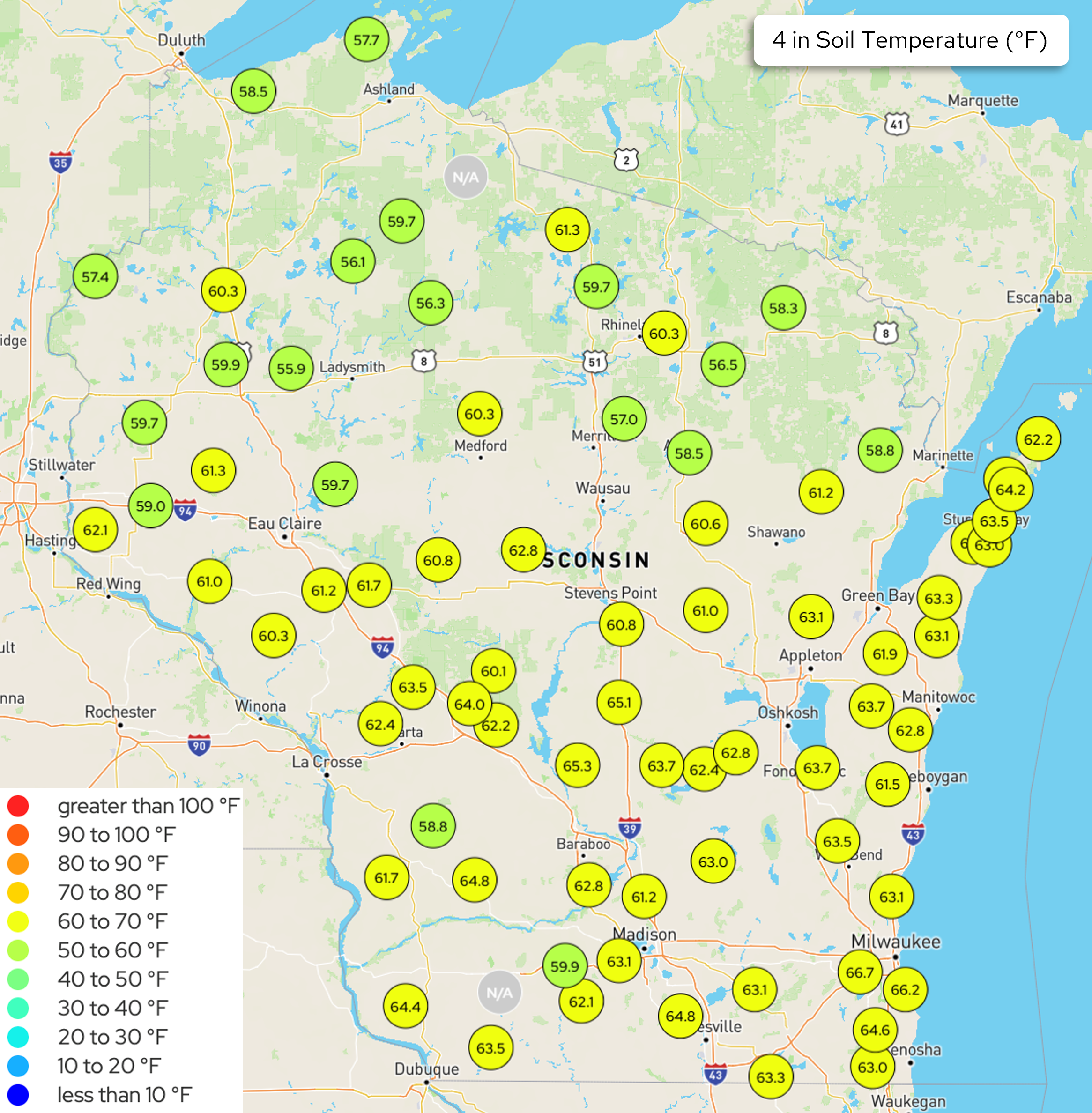 Wisconsin map displaying soil temperatures in degrees Fahrenheit at 4-inch depth across station network.