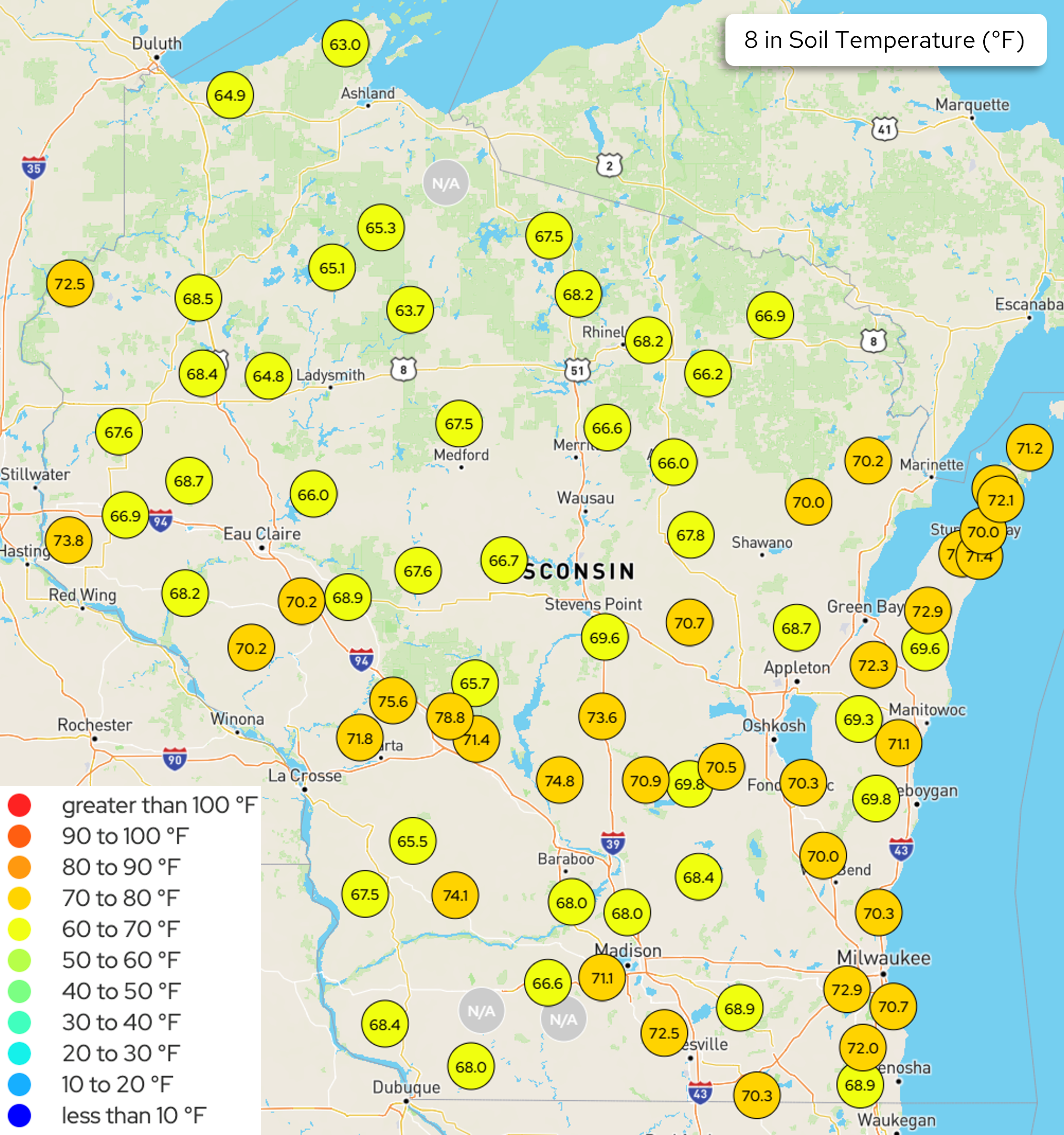 Map of Wisconsin showing 8-inch soil temperature in degrees Fahrenheit across weather stations.