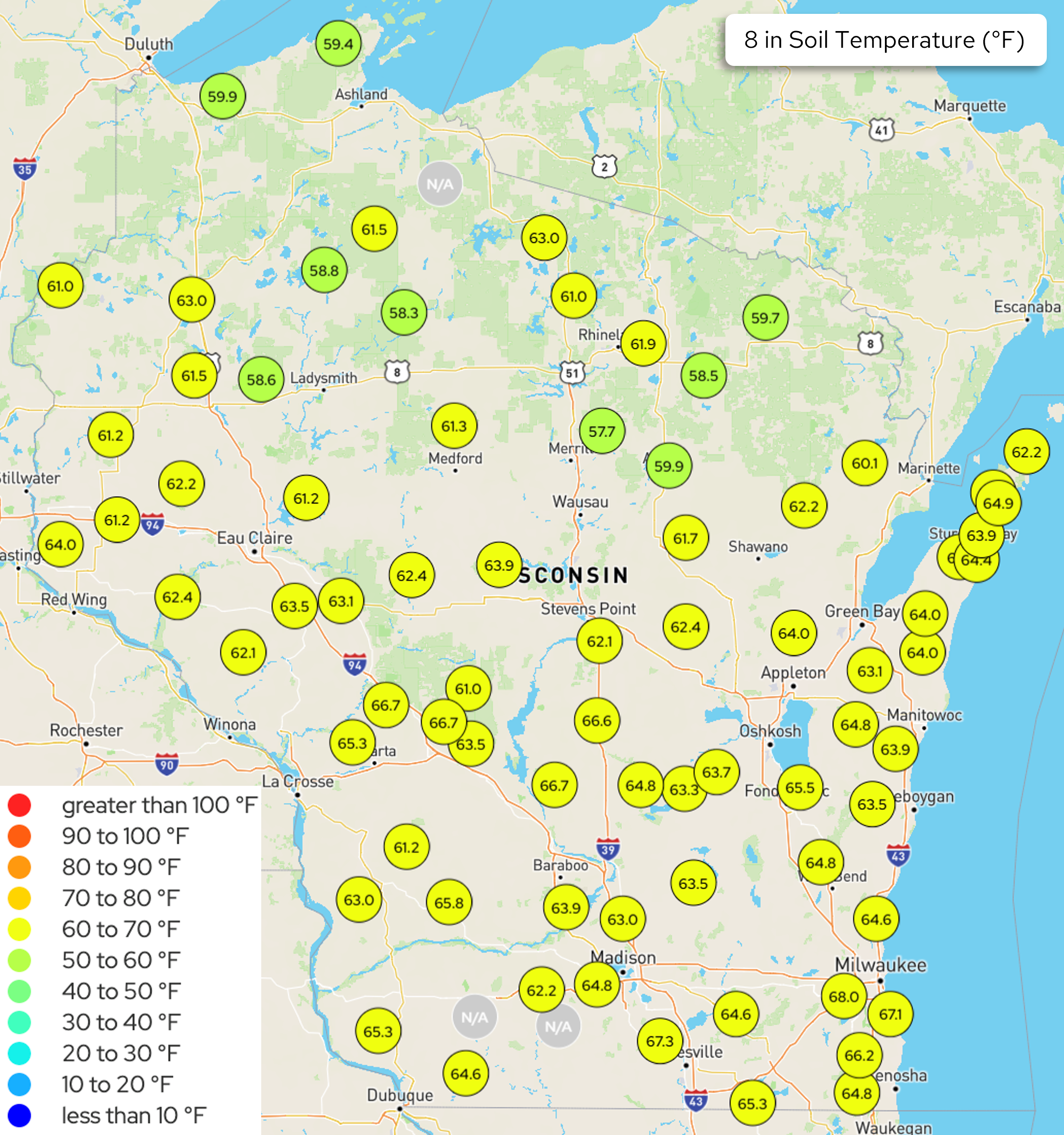 Wisconsin map displaying soil temperatures in degrees Fahrenheit at 8-inch depth across monitoring stations.