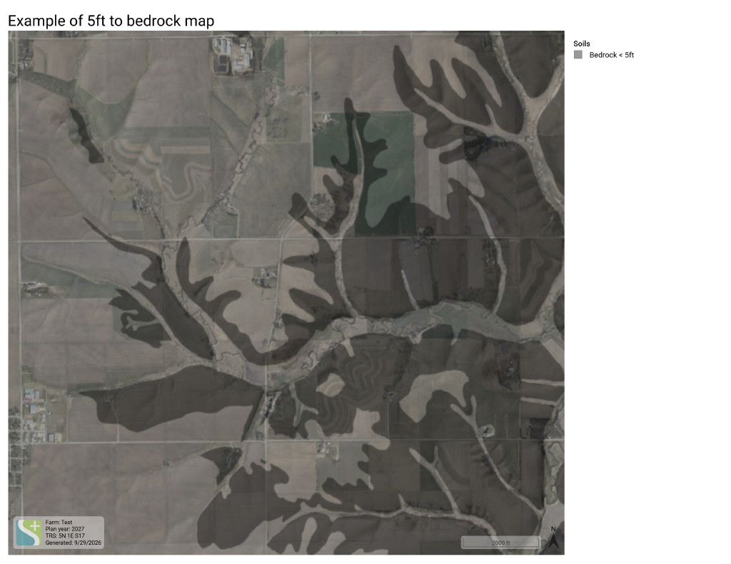PRW GIS soil map showing shallow bedrock areas under 5 feet marked in dark gray across agricultural land parcel.