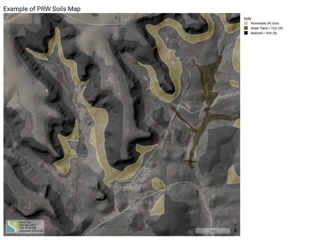 PRW GIS soils map highlighting areas of permeable soils, shallow water table, and shallow bedrock across agricultural terrain.