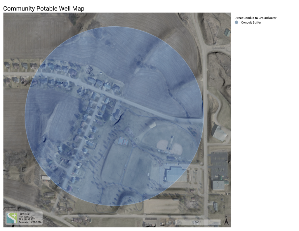 GIS aerial map displaying a circular blue conduit buffer zone around a community potable well near residential and field areas.