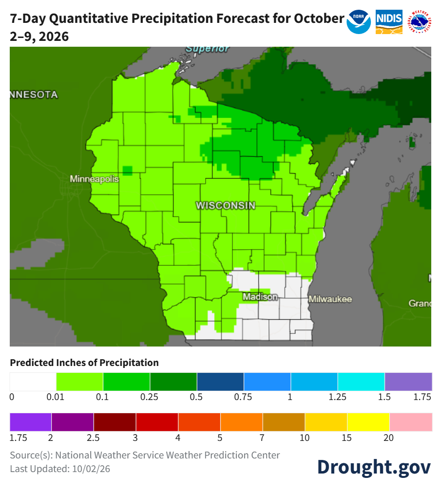  7-day precipitation forecast map for Wisconsin, October 2-9, 2026, showing predicted precipitation totals.