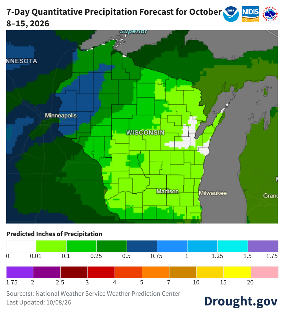 Wisconsin precipitation forecast for October 8–15, 2026, ranges mainly from 0.01 to 0.25 inch, with higher amounts in the northwest.