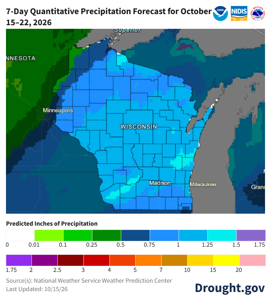 7-day precipitation forecast map for Wisconsin from October 15-22, 2026, predicting 0.5 to 1.25 inches statewide.