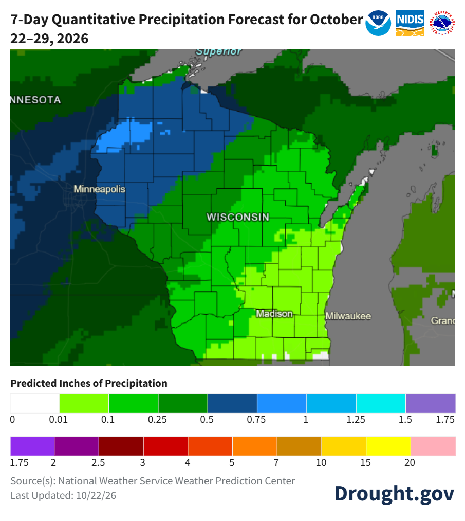 Map of Wisconsin showing predicted precipitation from October 22 to 29, 2026, ranging from 0.01 inches in the south to 0.75 inches in the northwest.