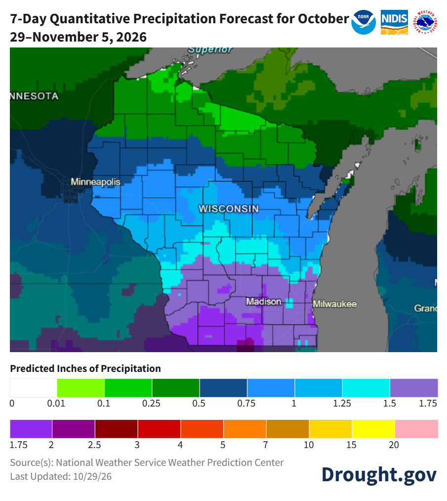 7-Day Quantitative Precipitation Forecast for Wisconsin, October 29 to November 5, 2026, showing predicted totals from 0.01 to over 2 inches.