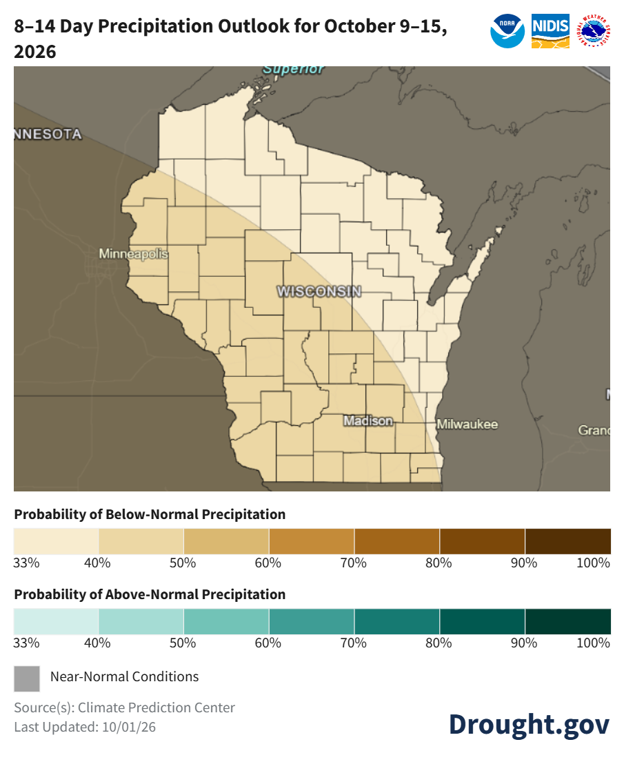 8 to 14 day precipitation outlook map for Wisconsin, October 9-15, 2026, showing near-normal and below-normal probabilities.