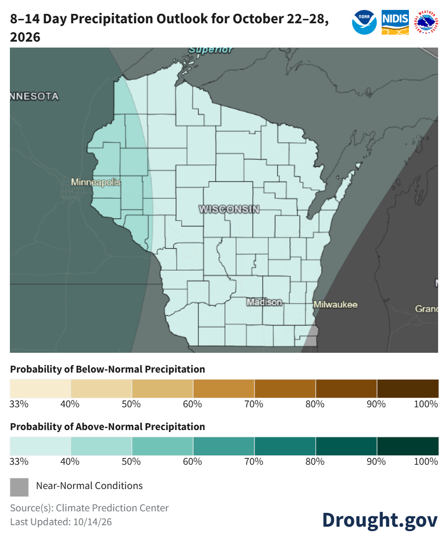 8–14-day precipitation outlook map for October 22-28, 2026, showing near-normal conditions expected for Wisconsin.