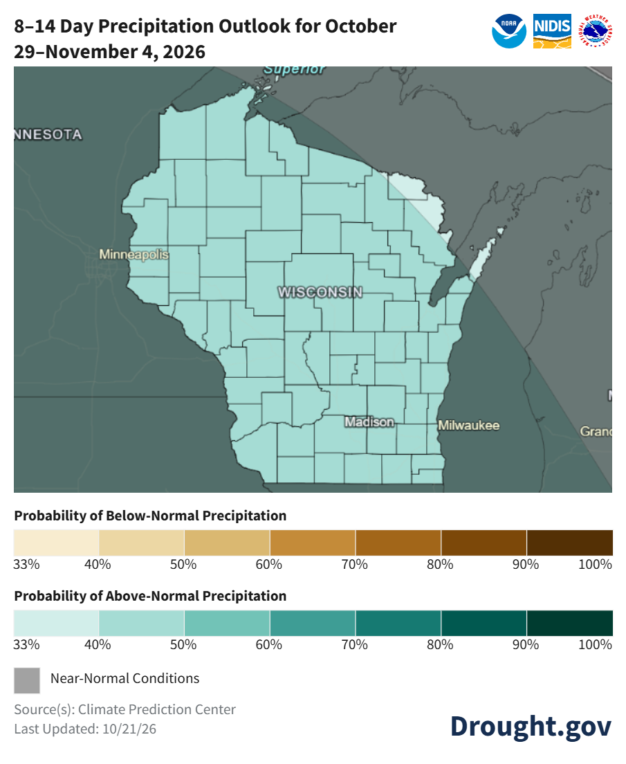 Map showing a 33% to 50% probability of above-normal precipitation across Wisconsin from October 29 through November 4, 2026.
