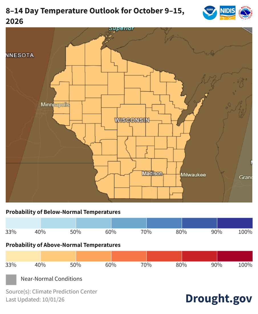8 to 14 day temperature outlook map for Wisconsin, October 9-15, 2026, showing probability of above-normal temperatures.