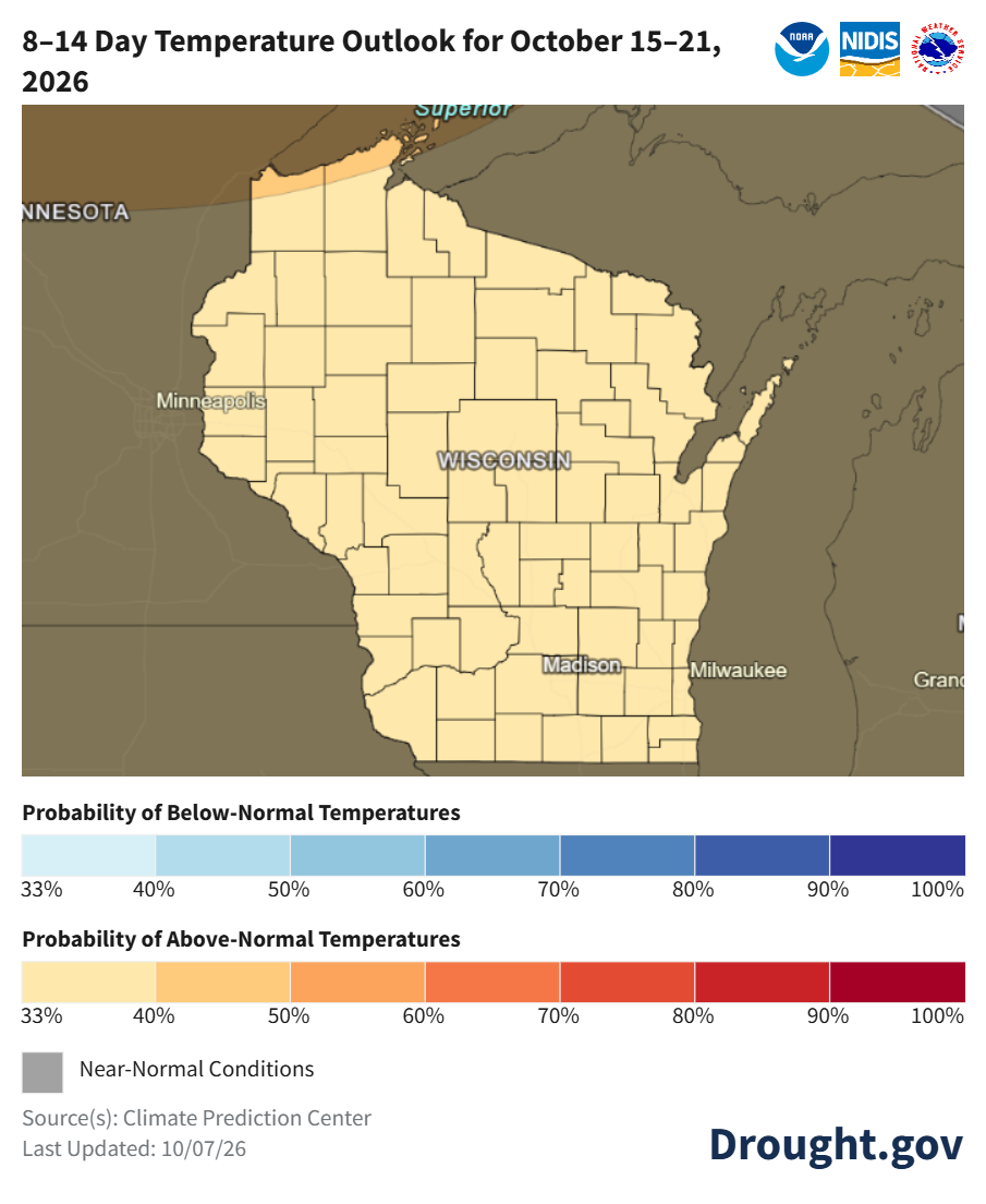 Wisconsin has a 33–40% probability of above-normal temperatures for October 15–21, 2026.