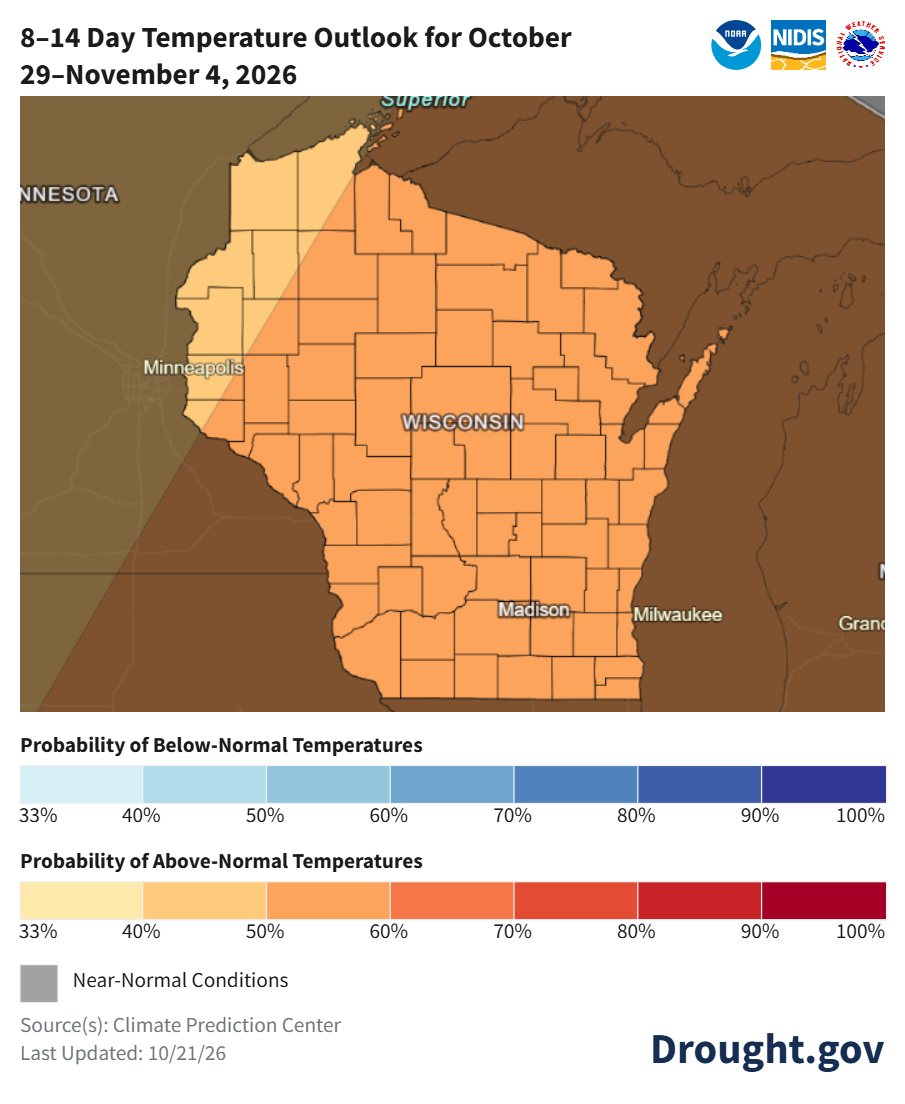 Map showing a 50% to 70% probability of above-normal temperatures across Wisconsin from October 29 to November 4, 2026. 