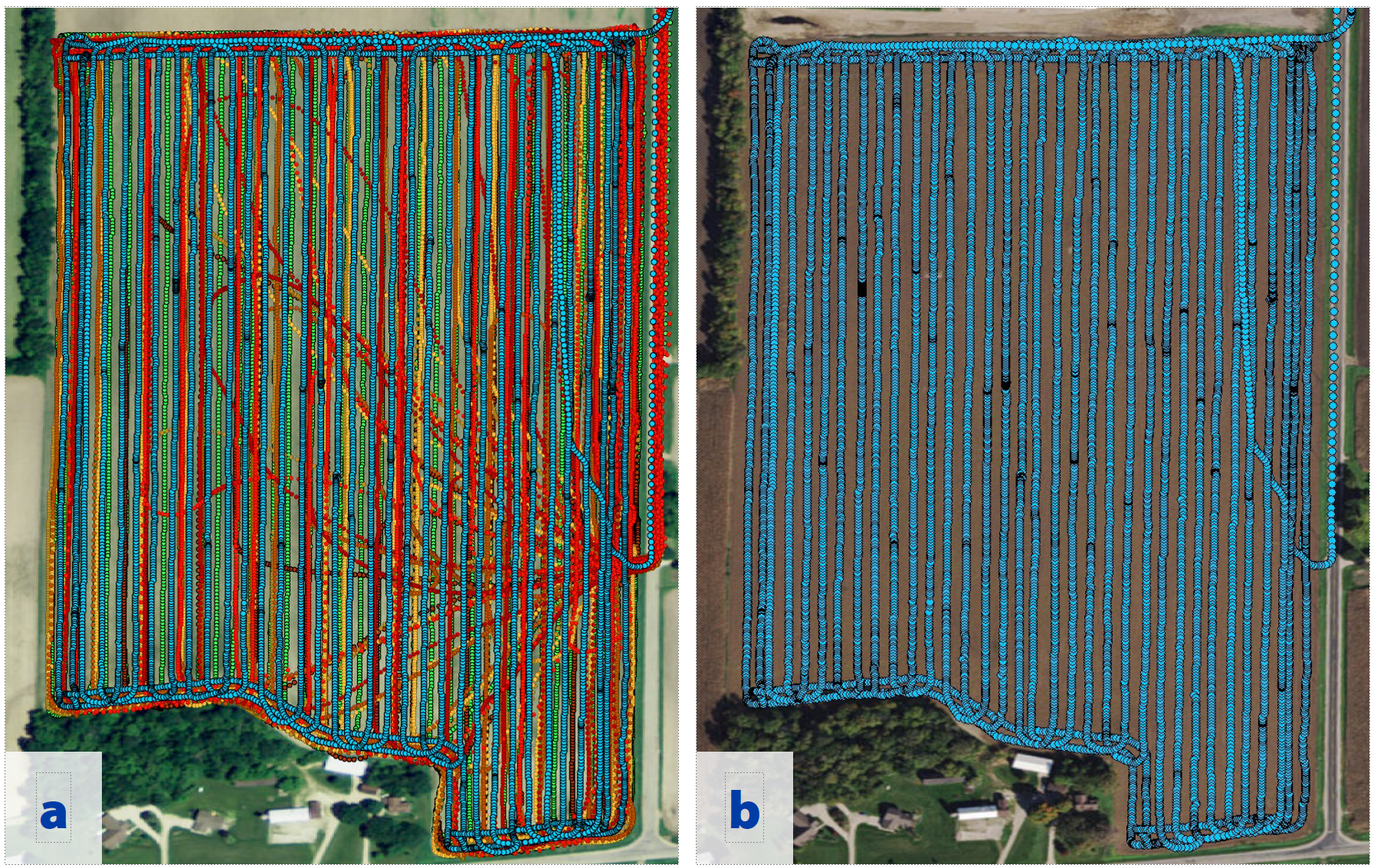 Two aerial maps comparing harvest traffic patterns. Image a shows uncoordinated machinery paths crisscrossing the field, causing widespread soil impact. Image b shows coordinated traffic where all machines follow the harvester’s route, limiting compaction to tire ruts.