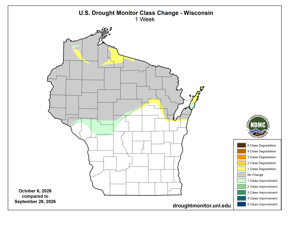 One-week drought class changes in Wisconsin through Oct. 6, 2026, show improvement in parts of the south and degradation in the north.