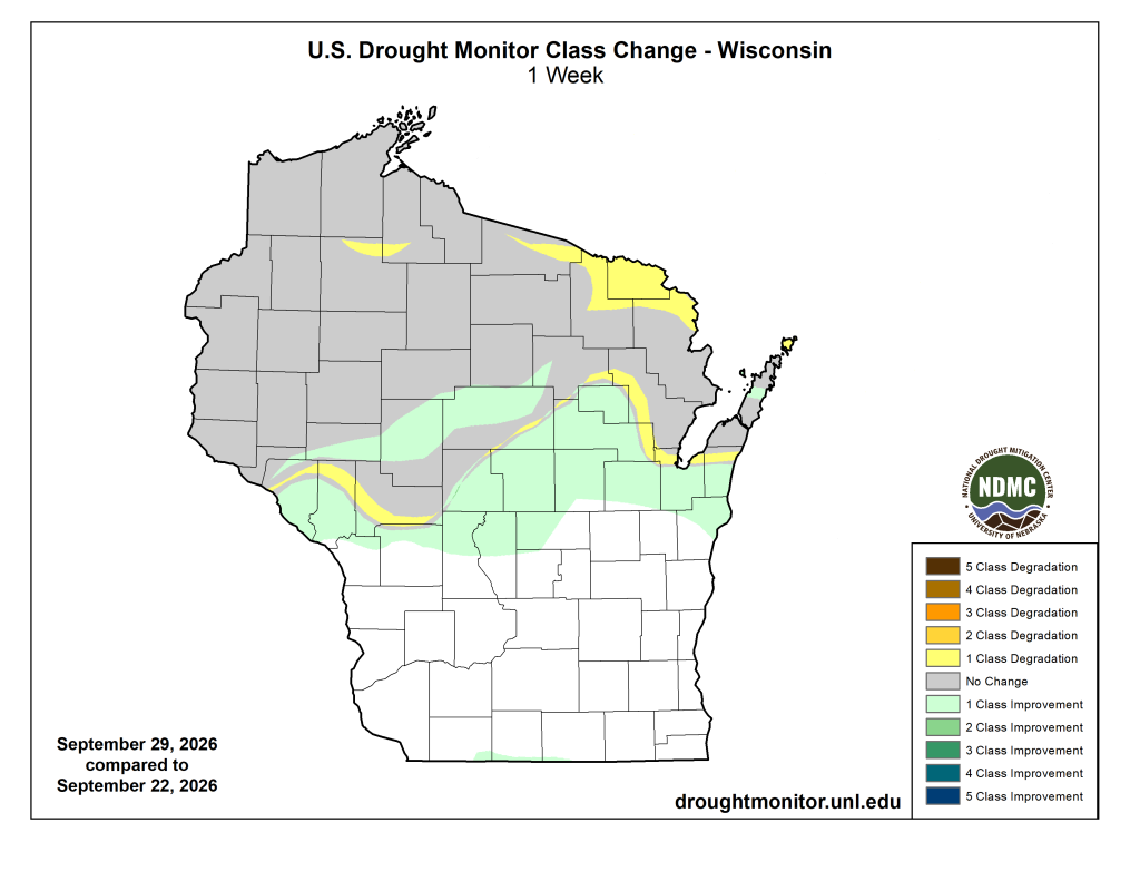 1-week drought class change map for Wisconsin comparing September 29 to September 22, 2026.