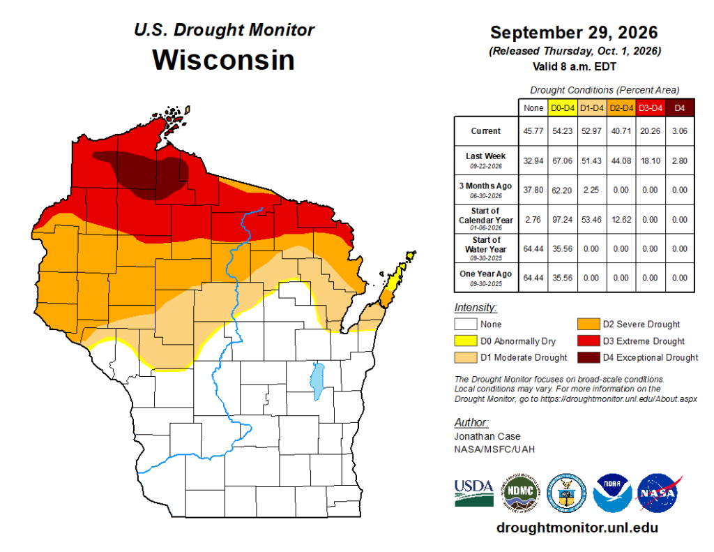  U.S. Drought Monitor map for Wisconsin, September 29, 2026, showing severe, extreme, and exceptional drought in northern counties.