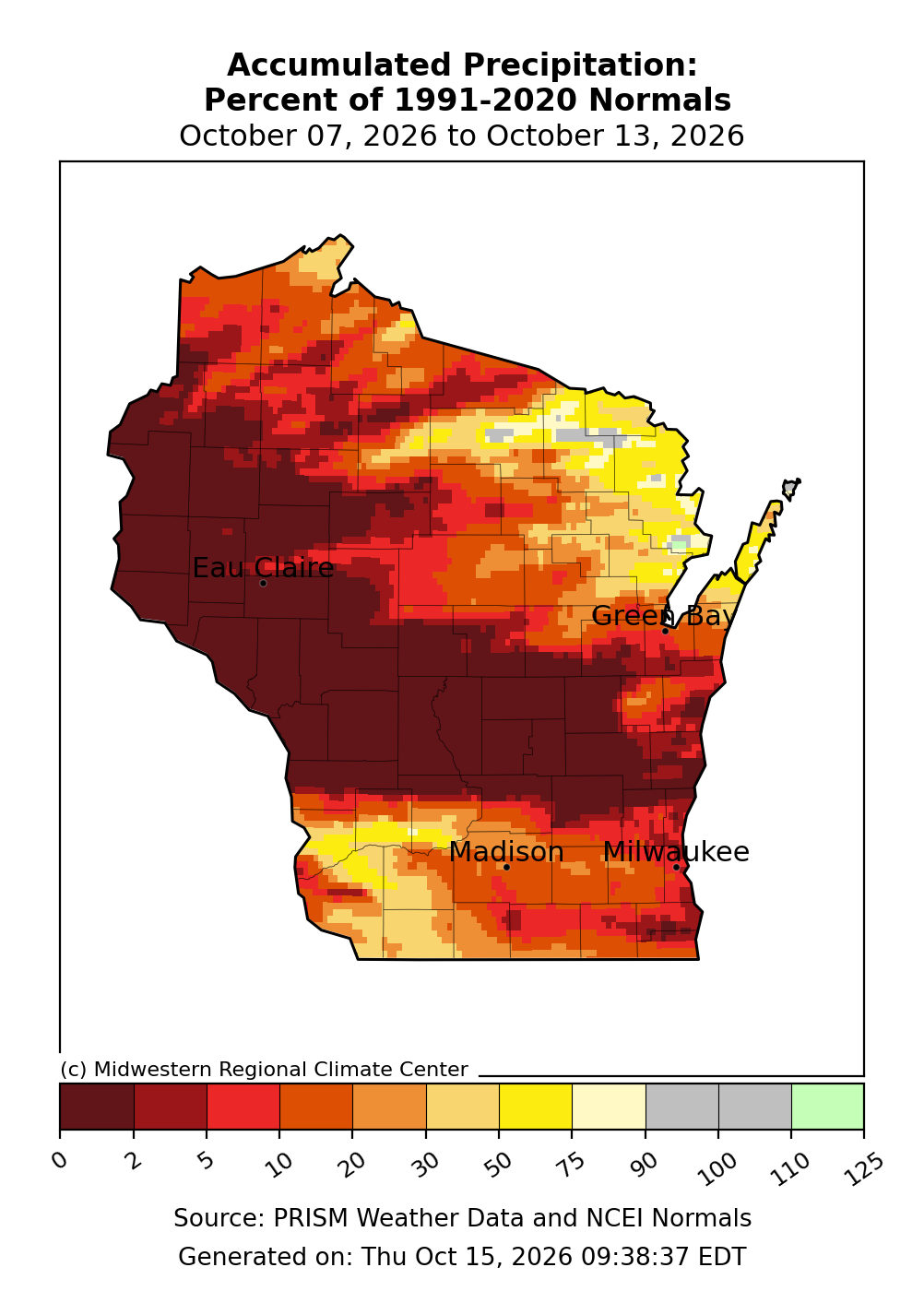 Map of Wisconsin accumulated precipitation as a percent of 1991–2020 normals from October 7 to October 13, 2026.