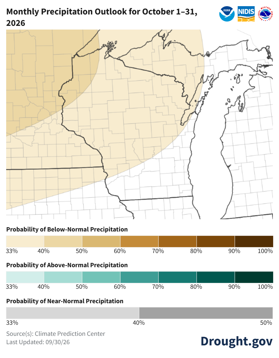 Monthly precipitation outlook map for Wisconsin and Upper Midwest, October 1-31, 2026, indicating below-normal probability.
